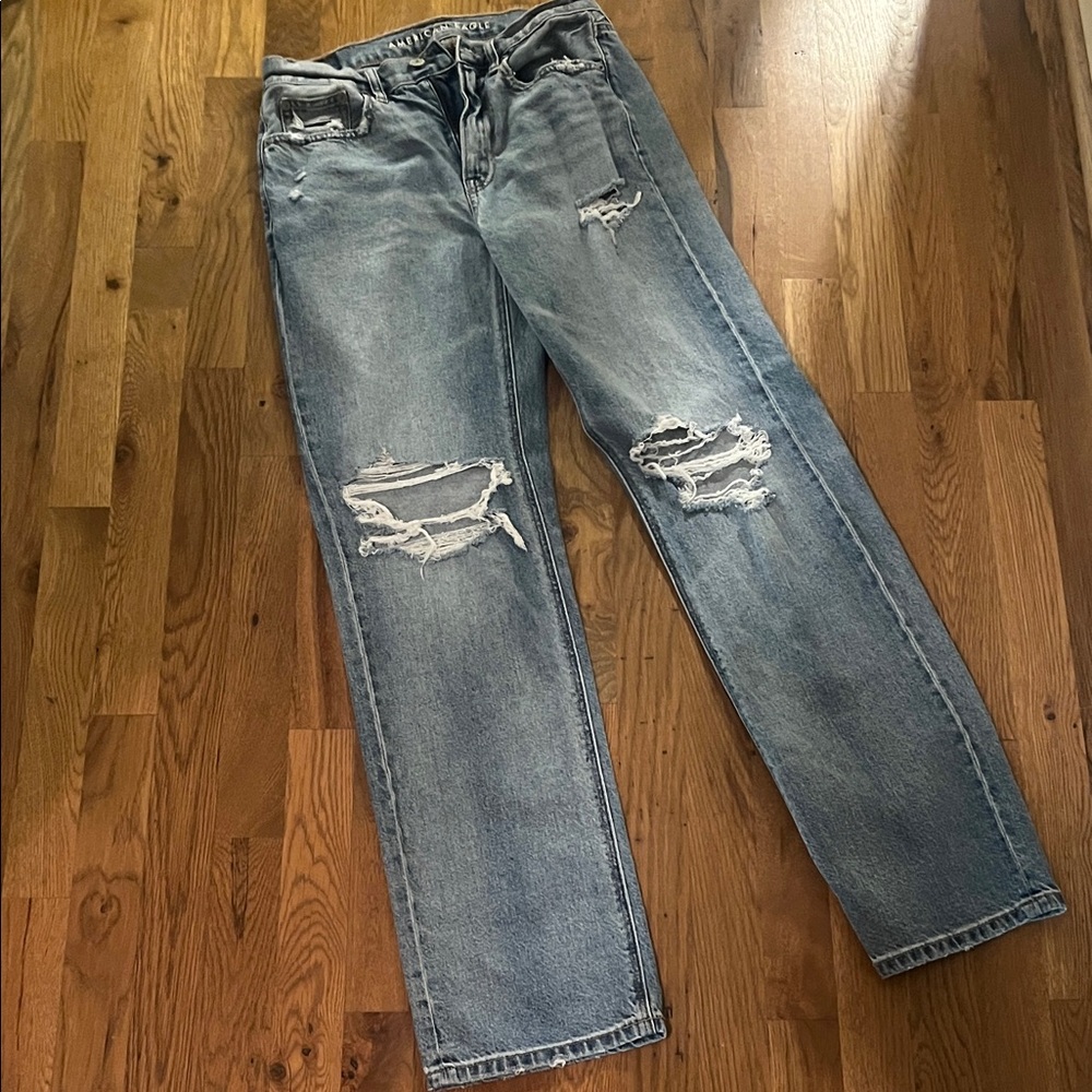 American Eagle Outfitters Distressed Straight Leg Jeans - Light Blue
